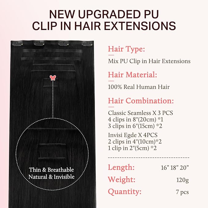 DOORES Clip in Hair Extensions Set 16 Inch 120g, 4pcs Invisi Edge Clip ins and 3pcs Classic Seamless Clip ins, Injected Virgin Real Human Hair Extensions Natural Invisible Straight, #1