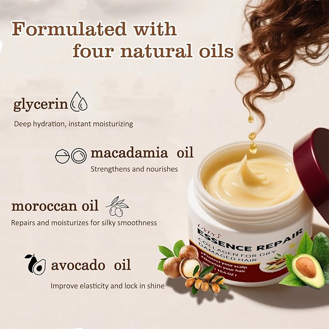 Collagen Hair Treatment for Deep Conditioning, Hair Mask for Dry Damaged Hair, Keratin Hair Treatment with Moroccan Argan Oil, Avocado Oil, Calendula & Gentian Extract, Nourishing Repair (1pc)