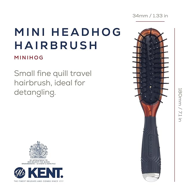 Kent Minihog Detangler Brush, Anti Static Hair Brush with Rounded Nylon Bristles for All Hair Types, Travel Brush with Ergonomic Grip for Easy Styling