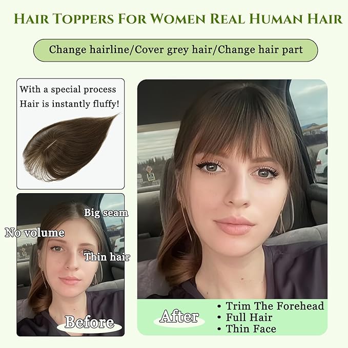 Hair Toppers for Women Real Human Hair, 360°3D Bangs Clip Human Toppers for Women with Thinning hair Realistic Scalp Line (60#, 3D French Bangs(11 * 7))