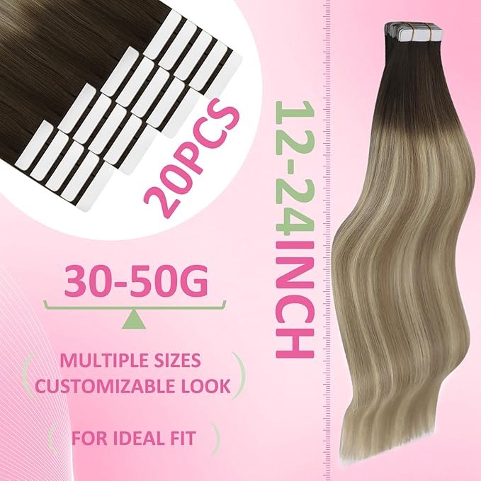 YoungSee Tape in Extensions Human Hair Balayage Brown Tape in Hair Extension Real Human Hair Brown Ombre Blonde Tape-in Human Hair Extension 14In Seamless Tape-in Hair Extension Human Hair 20pcs 50g