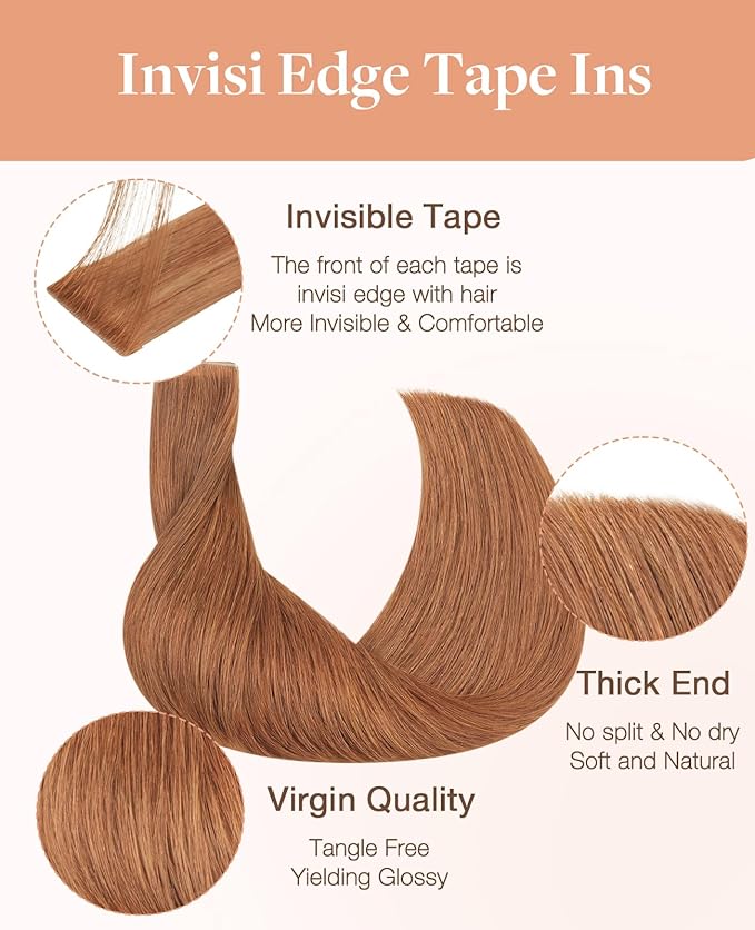 GOO GOO Invisi Edge Tape in Hair Extensions Human Hair, 330 Cinnamon Terra Copper, 20pcs 20inch 50g, Virgin Remy Hair, Seamless Injected Tape, Natural Look