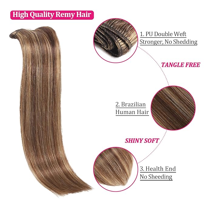 Kinky Straight Clip in Hair Extensions Real Human Hair Extensions 110g 8Pcs Soft Chocolate Brown to Honey Blonde Real Human Hair for Women Natural Hair Clip in Hair Extensions 16 Inch (4/27)