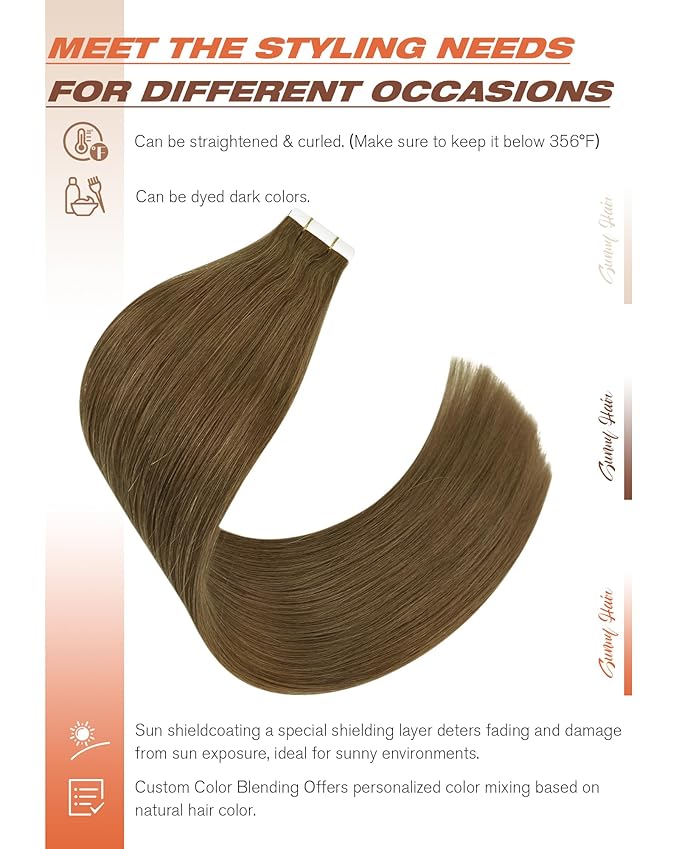 Sunny Hair Tape in Hair Extensions Real Human Hair Invisible Remy Hair Extensions Tape ins for Women Light Brown 24 inch 20Pcs