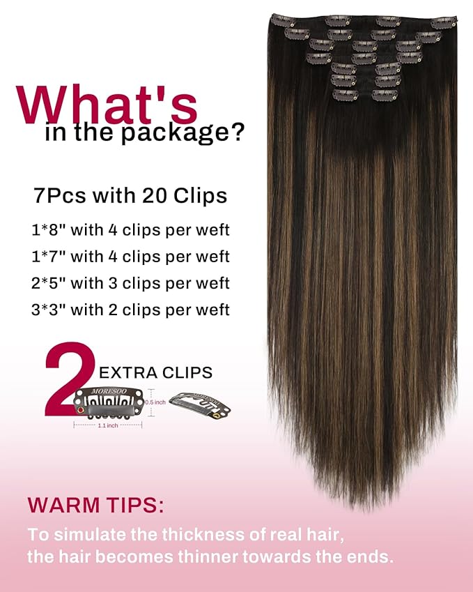 Moresoo Clip in Hair Extensions Balayage Dark Brown Mixed with Chestnut Brown Hair Extensions Real Human Hair Clip ins Ombre Brown Clip in Extensions Double Weft 7pcs 135g 18inch