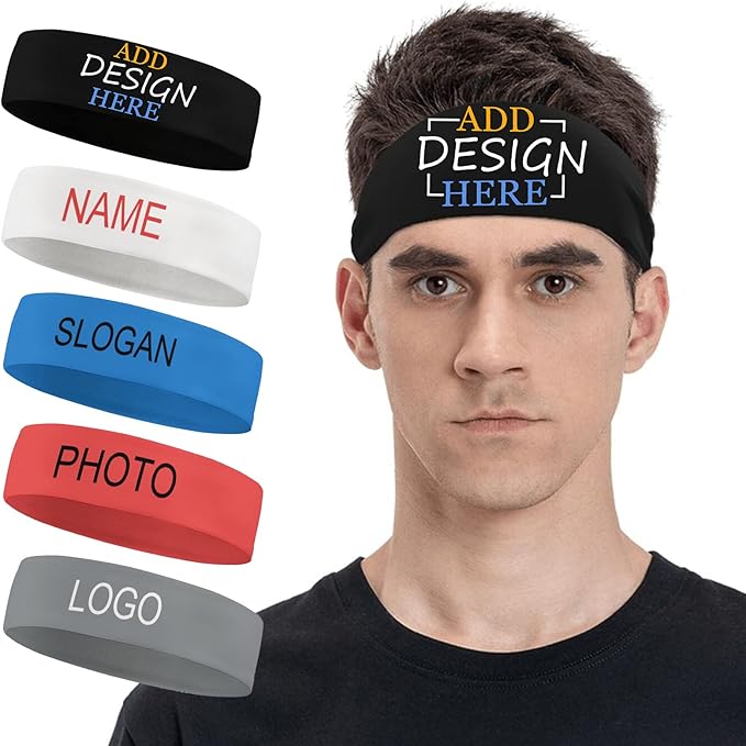 Hoxekle Custom Sport Headbands with Your Own Name Logo Text Photo Personalized Sweatbands Absorb Water Dry Fast Headbands for Women Men Basketball Yoga, White