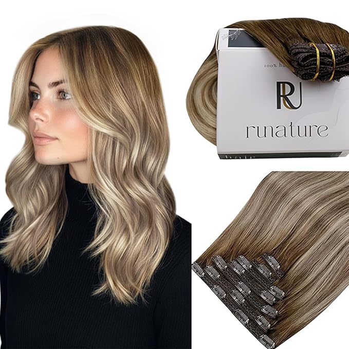RUNATURE Balayage Clip in Hair Extensions Human Hair, Real Human Hair Clip in Extensions, Thick Remy Hair, Daily Wearing, Easy to Install, 12 Inch 80g 7pcs #3/8/22 Walnut Brown to Light Blonde