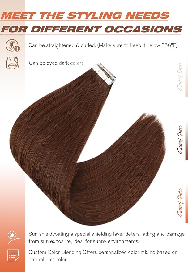 Sunny Hair Tape in Hair Extensions Real Human Hair Invisible Remy Hair Extensions Tape ins for Women Auburn Brown 20 inch 20Pcs 50G