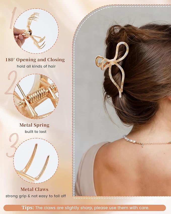 ACECHA 2 Pack Gold Metal Bow Hair Claw Clips for Women, 4.5" Colorful Non-slip Hairclips for Thick Thin Hair Claws Strong Hold Styling (Pure Color 00)