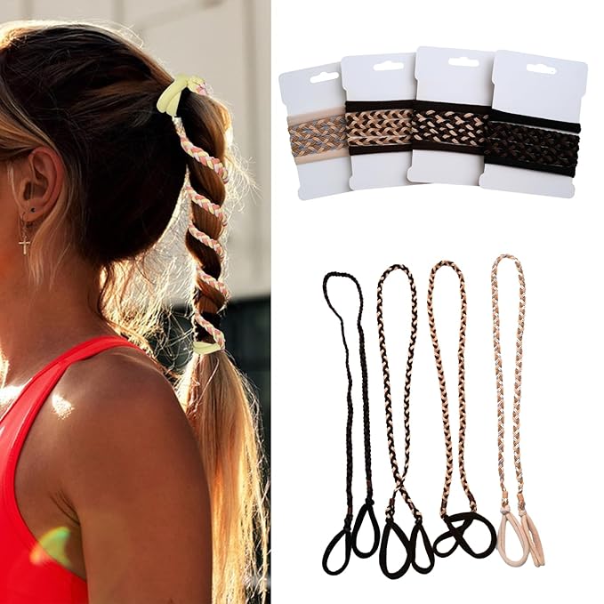 4 Pcs Spiral Hair Ties for Women & Girls, Rip Tie Hair Ties for Longhair, Elastic Braided Ponytail Holder, Tangle-Free, Effortless Styling for Gym, Running, Cycling, Surfing, Sports, Dark Color