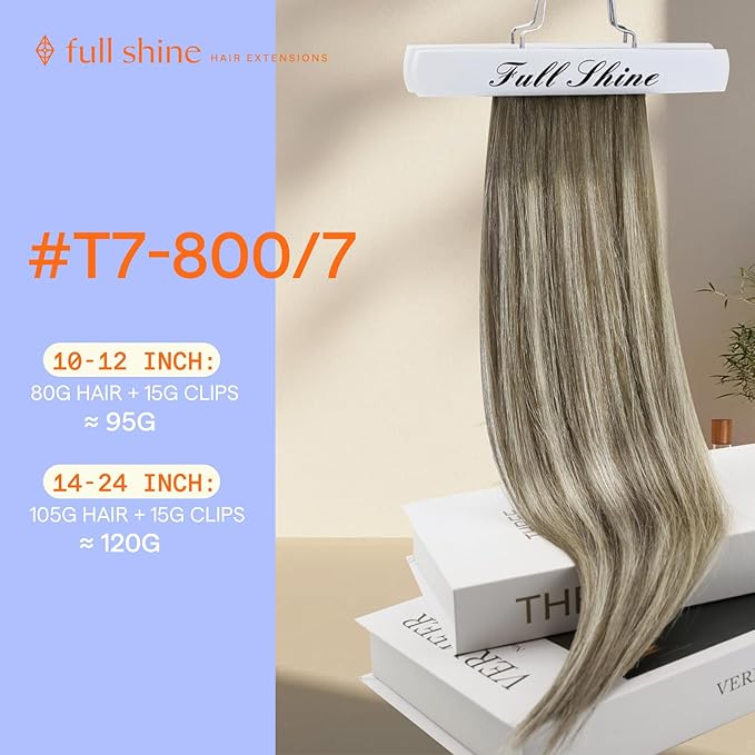 Full Shine Ombre Hair Extensions Clip in Human Hair Double Weft Ash Brown And Platinum Blonde 16 Inch Straight Seamless Clip in Hair Extensions for Volume Hair 7 Pcs 120 G