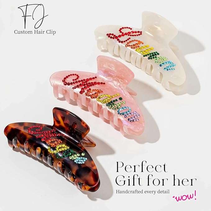 Personalized Colorful Name Hair Claw Clips for Women,Custom Hair Clips with Diamond,Cute Hair Accessories 4",Handmade Rhinestones Hair Clamp Gifts for Mom,Bride,Wife,Bridesmaid（Flash Pink）