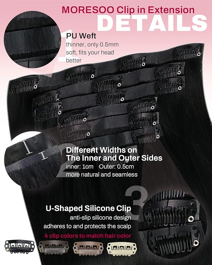 Moresoo Black Seamless Clip in Hair Extensions 18Inch Invisible PU Weft Seamless Hair Extensions Clip ins Real Human Hair Jet Black #1 Full Head 7pcs 120g
