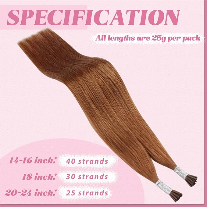 YoungSee Itip Hair Extension Real Human Hair Copper I tip Hair Extensions Human Hair Copper 20In I Tip Extensions Pumpkin Orange Color ITip Remy Hair-Extensions for Girl Party Highlight