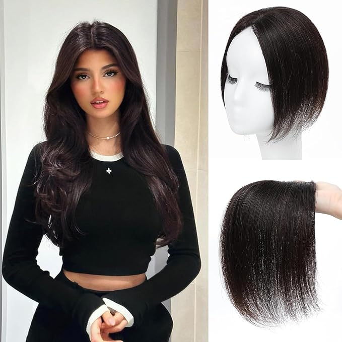 Amchoice Hair Toppers for Women Real Human Hair, Bangs Hair Clip 360° 3D Cover Bangs, Human Hair Toppers for Women Daily(Dark Brown, 3D Side Bangss (5 * 9))