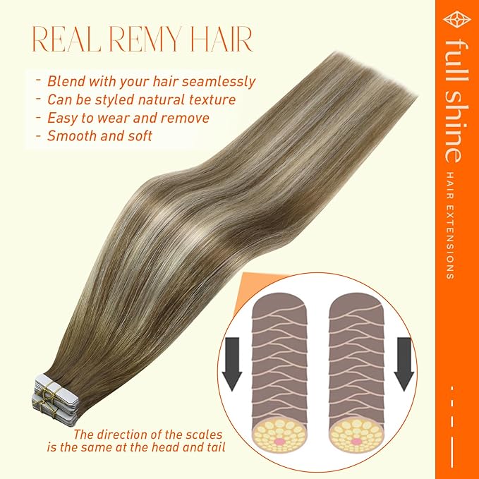 Full Shine Balayage Tape in Hair Extensions Human Hair 18 Inch Invisible Tape in Hair Extensions Color 6 Brown Fading to 6 and 60 Platinum Blonde 50Gram 20Pcs Blonde Straight Hair Extensions Tape in