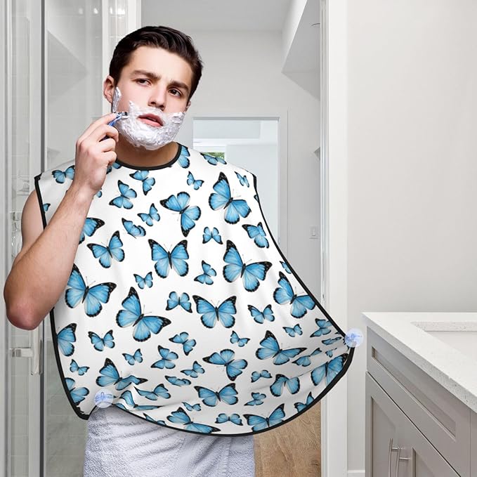 Professional Beard Bib, Non-Stick Hair Catcher Apron Waterproof, Shaving Grooming Essential for Men Dad, Watercolor Butterflies Blue Butterfly Shave Bib