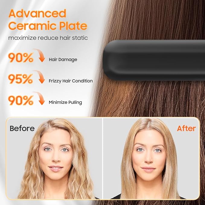 Cordless Hair Straightener, Portable Flat Iron for Travel, 2 in 1 Hair Styling Tools for straightening and Curling, Lightweight on-The-go, 4000 mAh Battery, Fast USB-C Charging (Black)