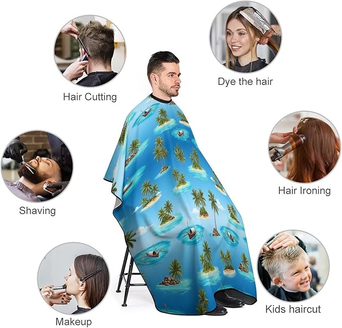 Full Coverage Hair Cutting Cape, Hairdressing Apron Palm Tree Boat Beach Ocean Sea Hawaiian Tropical Hair Cutting Gown for Makeup Artist Beautician