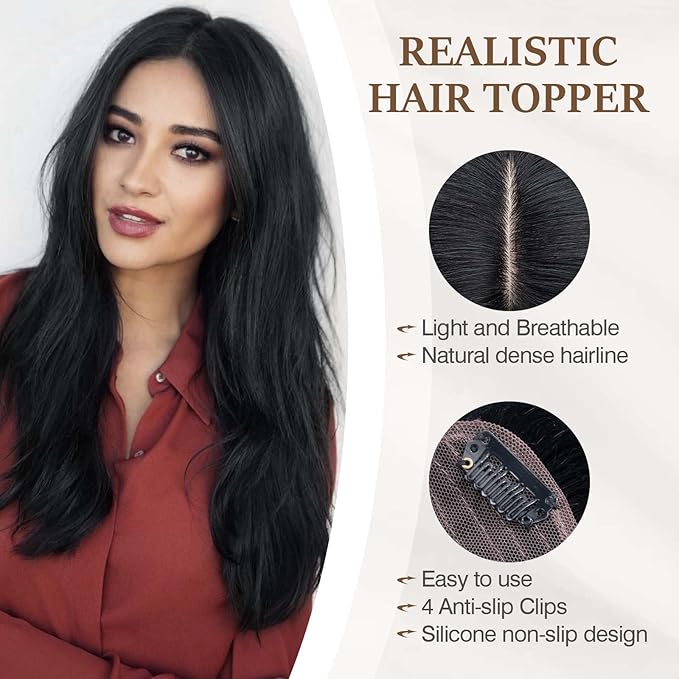 Rich Choices Hair Toppers for Women Real Human Hair 100% Human Remy Toppers NO Bangs for Women with Thinning on Top Clip in Hairpiece 4"x4.7"Lace Base 6 Inch #1 Jet Black