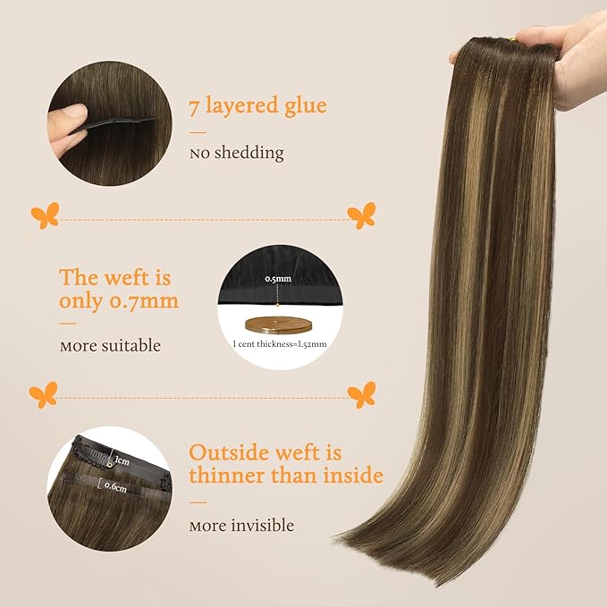 DOORES Invisible Edge Clip in Hair Extensions, Chocolate Brown to Caramel Blonde, 130g 7pcs 18 Inch Virgin Straight Human Hair for Women