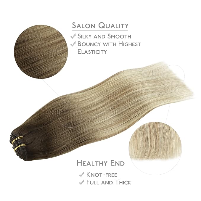 WENNALIFE Clip in Hair Extensions Real Human Hair, 22 Inch 120g 7pcs Ombre Walnut Brown to Ash Brown and Bleach Blonde Clip in Human Hair Remy Clip in Hair Extensions Real Human Hair Double Weft