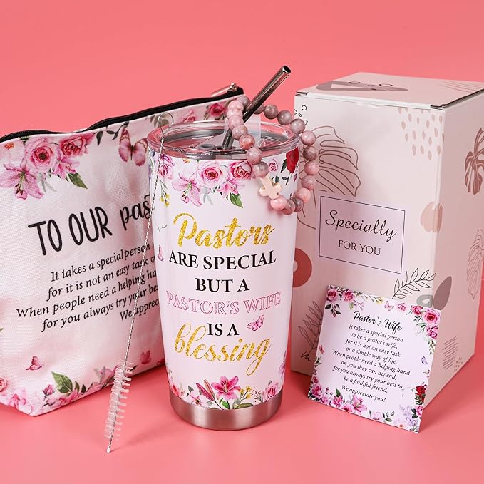 Keluna Pastors Wife Appreciation Gifts - Makeup Bag Tumbler Cup Stone Bracelet Christian Faith Religious Gifts Christmas Thank You Gift for Pastor Wife Women Birthday
