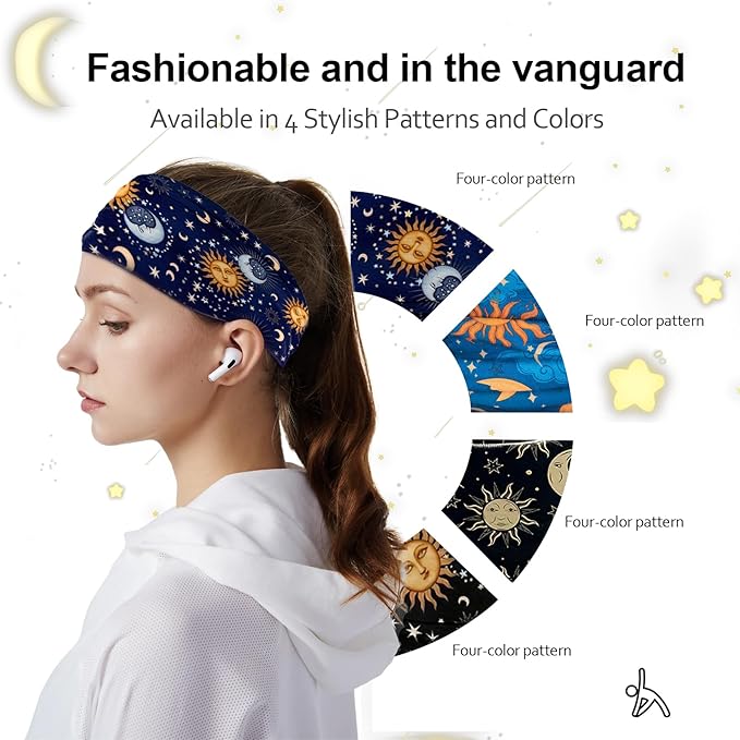 Headbands for Women, 4 Pack Boho Cotton Headbands with Moon & Star Print, Non-Slip Wide Head Bands for Yoga, Fitness, Workout, Thick Stretchy Hair Band Accessories
