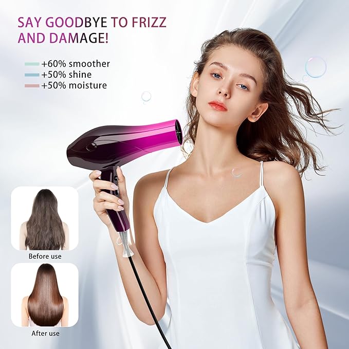Ionic Hair Dryer,2400W Negative Ion Low Noise Hair Dryer Professional Fast Drying Hair Dryers with 2 Speeds, 3 Heat Settings, Cooling Button,with Diffuser for Curly and Straight Hair（Crimson Fade）
