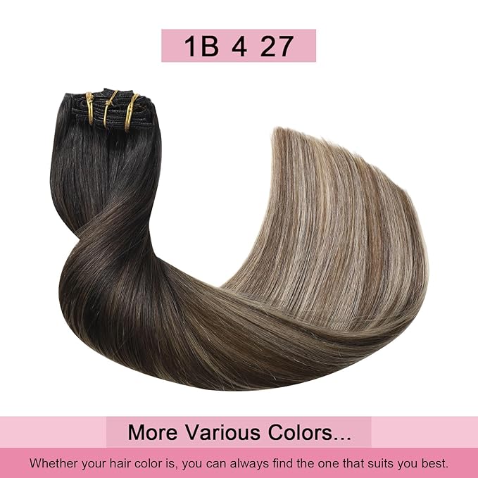 Pro2.0 Clip in Hair Extensions Real Human Hair 20inch 7pcs #1b/4/27 Natural Black to Chocolate Brown and Caramel Blonde Remy Real Human Hair Extensions Clip ins 120g Thick（#1b/4/27-20inch）