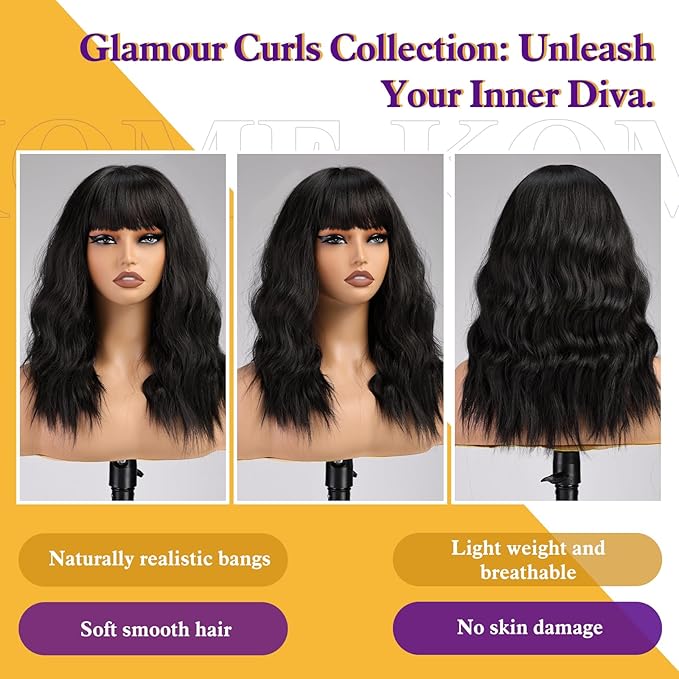 Black Wig with Bangs,Black Wavy Wigs for Women,Shoulder Length Curly Synthetic Hair Wig for Party Daily Use 18IN…
