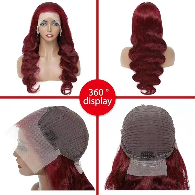 99J Burgundy Wig Human Hair 13x4 Body Wave Lace Front Wigs Human Hair 180 Density Pre Plucked Glueless Wine Red Colored Lace Front Wig for Women 32 Inch