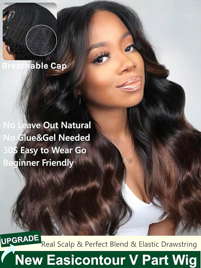 KLAIYI Ombre Brown V Part Wig Body Wave Human Hair Upgrade U Part Wig with Dark Roots Glueless Chestnut Brown Clip in Half Wig No Glue No Leave Out Beginner Wigs for Women Wear and Go Wig 150% 14Inch