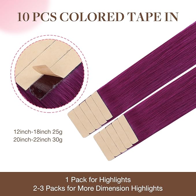 GOO GOO Tape in Hair Extensions Human Hair, Violet, 16inch 25g 10pcs, Colored Tape ins Human Hair Extensions, Silky&Soft Invisible Tape Ins, Hair Highlighted for Party