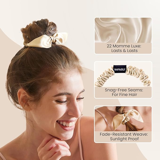 THXSILK 100% Mulberry Silk Bow Scrunchies 3-Pack, 22 Momme Mulberry Silk Hair Ties for Women, Cute Bunny Ear No Damage Ponytail Holders, Fashion Hair Accessories for Girls(S, Light Colors)