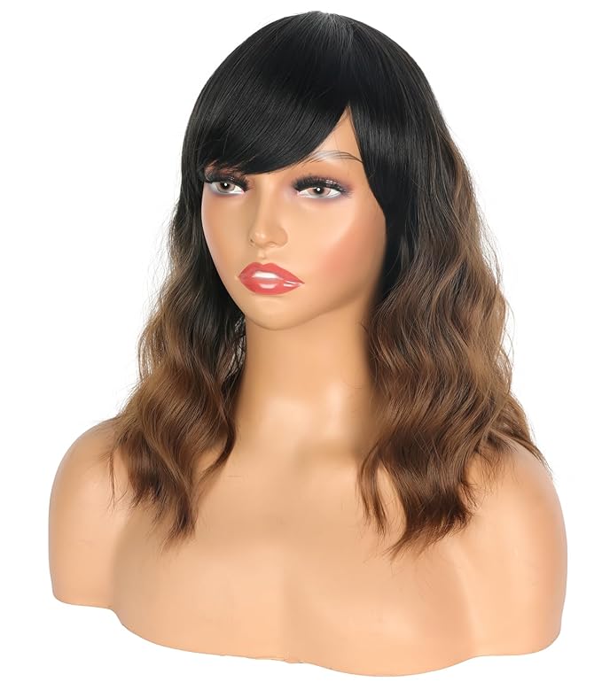 Short Wavy Wig with Bangs for Women Shoulder Length Brown Synthetic Wigs Natural Wavy Black To Brown Wigs Heat Resistant for Daily Party Use