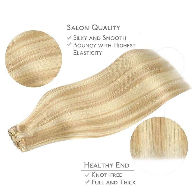 WENNALIFE Clip in Hair Extensions, 150g 20 Inch 9pcs Light Blonde Highlighted Golden Blonde Remy Hair Thicker Double Weft Extensiones De Cabello Humano Con Clip Ins Straight Full Volume