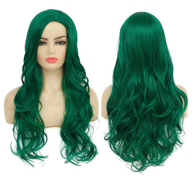Baruisi Long Curly Wavy Green Wigs for Women Side Part Natural Looking Cosplay Synthetic Fiber Wig Heat Resistant Replacement Wig