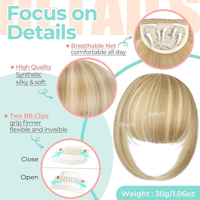 Clip in Bangs, Synthetic French Bangs Hair Clip, Fake Bangs Fringe with Temples Hairpieces for Women Natural Curved Hair Extensions for Daily Wear Light Blonde Mix Bleach Blonde