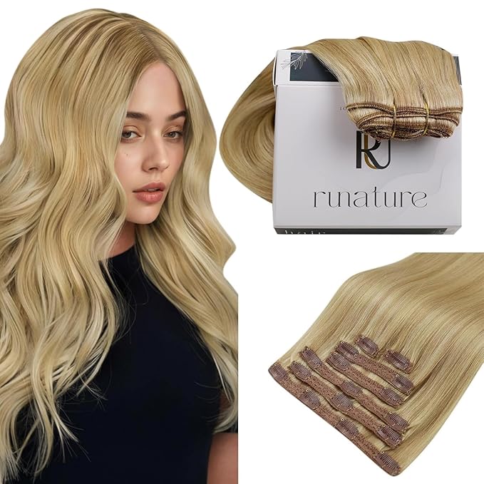RUNATURE Blonde Human Hair Clip in Extensions, Long Clip in Hair Extensions Real Human Hair, Remy Hair Extensions Clip ins, Add Hair Length, 20 Inch 120g 7pcs #16P24 Golden Blonde