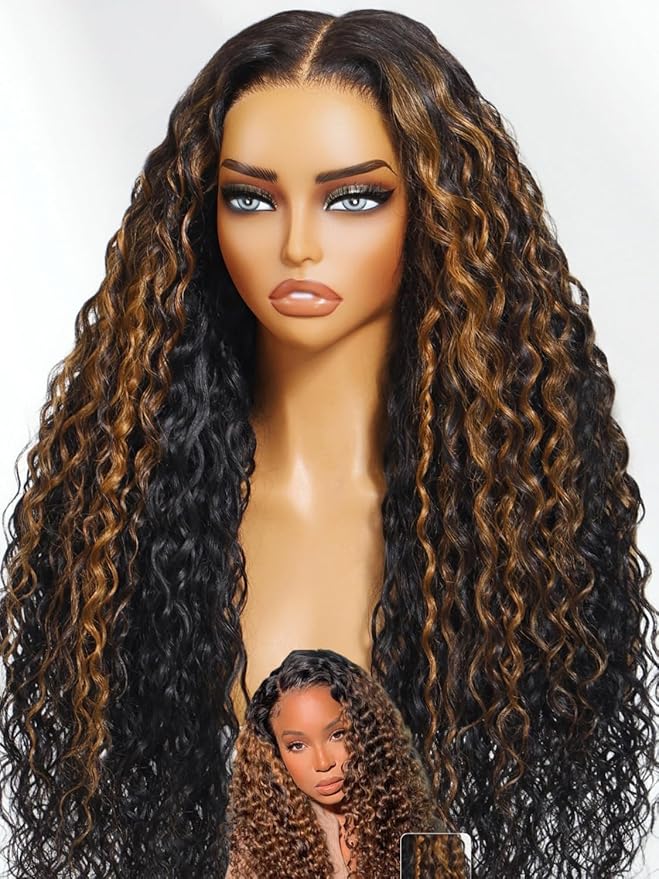 Julia Hair Ombre Brown Water Wave Glueless Wig Human Hair 7x5 HD Lace Closure with Invisible Drawstring Pre Plucked Bleached Highlight Balayage Colored Curly Wigs Put On And Go 24 Inch