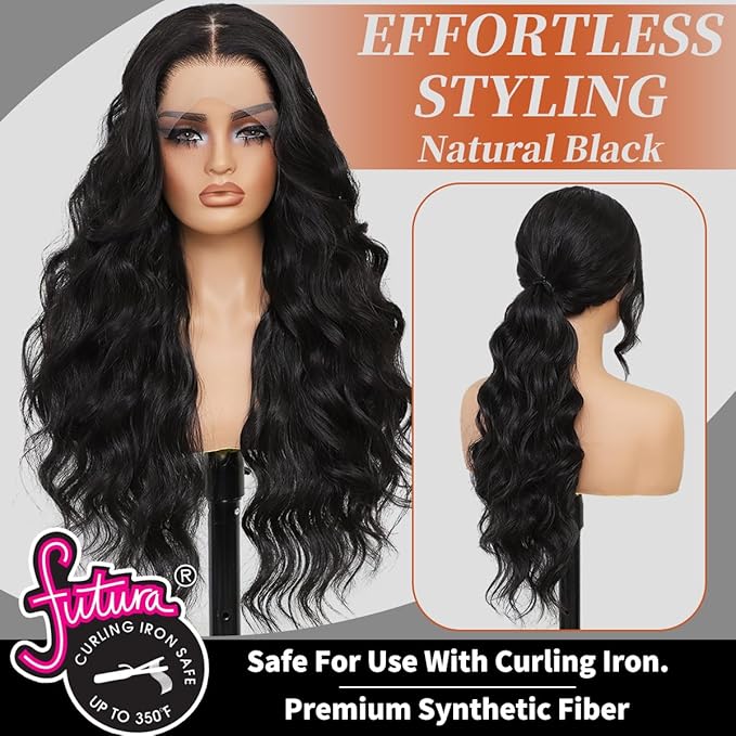 Synthetic Lace Front Wigs Pre Plucked 13x4 HD Lace Black Wigs For Black Women 26 Inch Long Wavy 100% Futura Premium Wig Ready to Wear Beginner Friendly Daily Party Use
