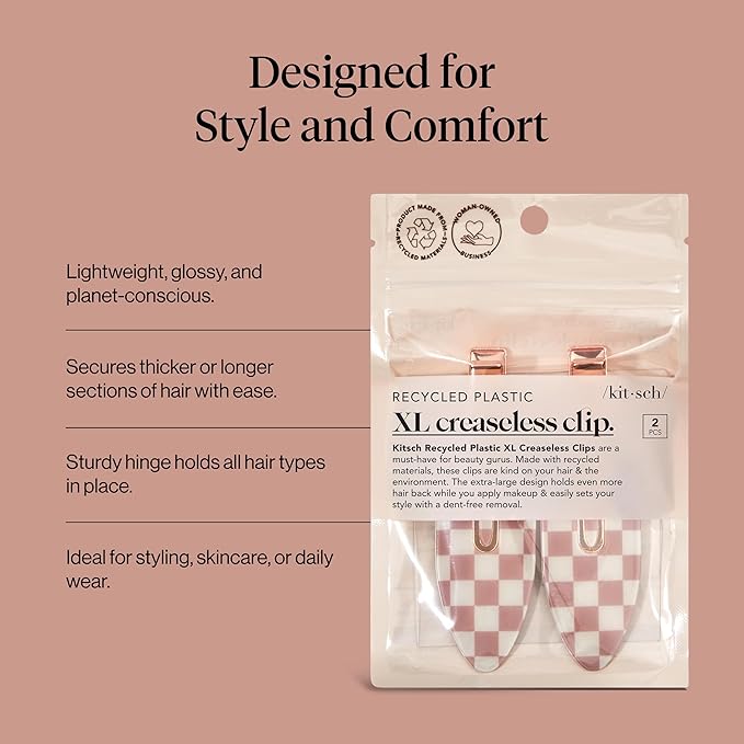 Kitsch Creaseless Hair Clips for Women - No Crease, No Bend Hair Clips for Styling, Bangs, Makeup Application, Face Wash | Recycled Acrylic - Checkered Terracotta | Ideal Gifts for Women, 2pcs