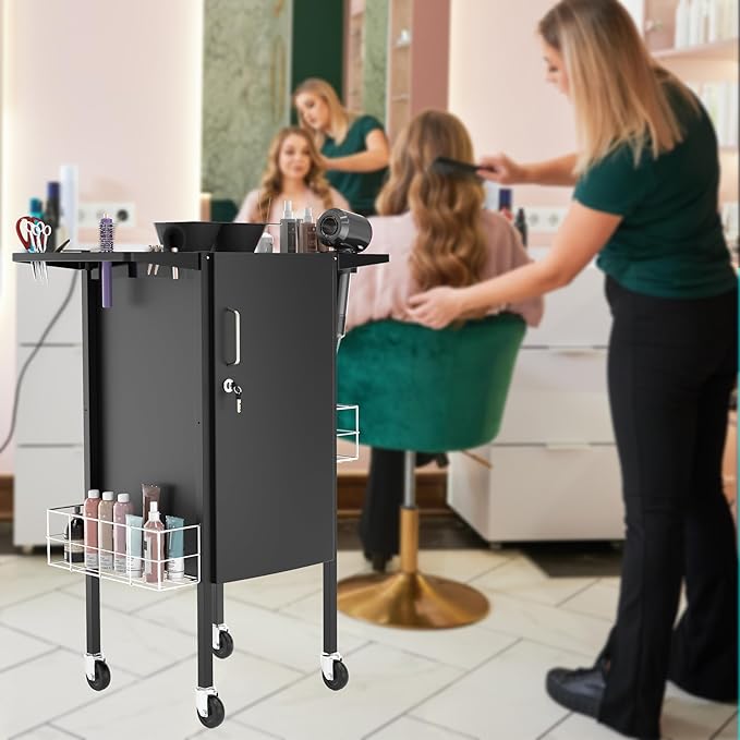 TASALON New Upgrade Salon Metal Trolley Cart-Space Saving Rolling Beauty Cart for Extra Storage, Lockable 5 Trays, 2 Folding Tray Holders, 2 Metal Baskets- Hair for Hair Stylist Multipurpose