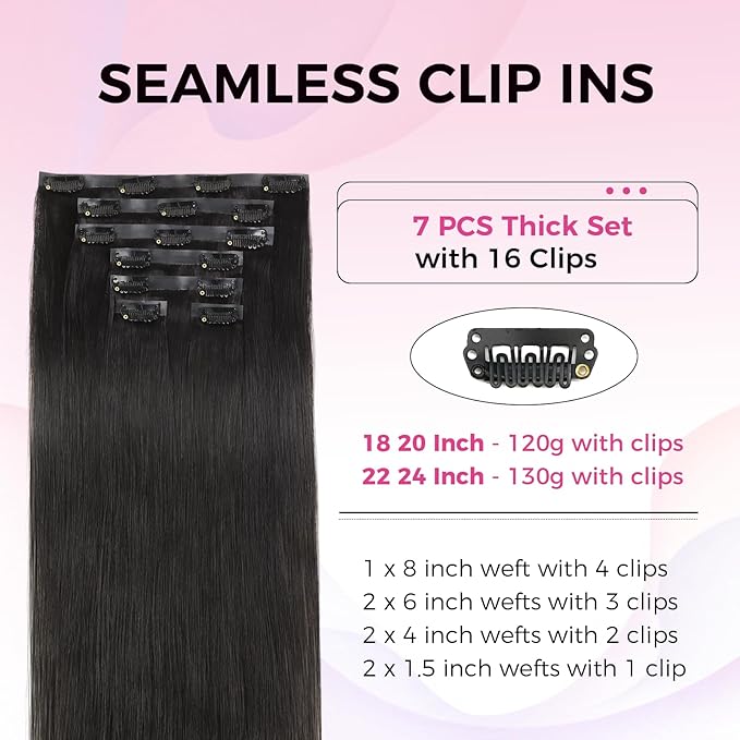Lashey Seamless Clip in Hair Extensions Human Hair 120g 7pcs Straight Thick Remy Human Clip in Hair Extensions with Full End 18 Inch Natural Black