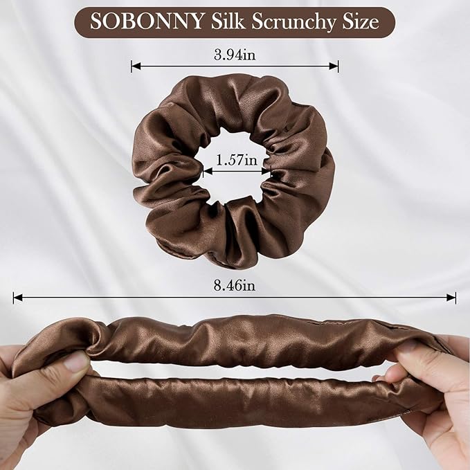 Silk Scrunchies for Women - 100% Mulberry Silk Hair Ties, 3 Pack, No Damage Elastic Ponytail Holders (Brown, Black, Pink)