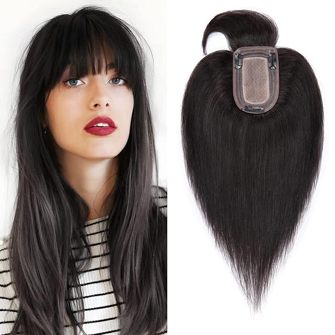 SEGO Hair Toppers for Women Real Human Hair with Thinning Hair, Toppers Hair Pieces Clip in Toppers Straight Hair Pieces with Front Bangs 150% Density Silk Base -10 Inch #1B Natural black