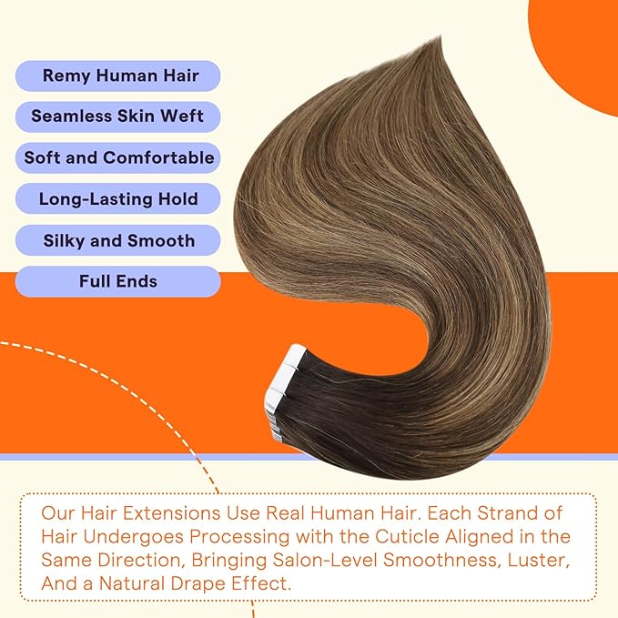 Full Shine Tape in Real Hair Extentions 20 Inch Remy Hair Extensions Balayage Ombre Extensions Color 2 Fading to 3 And 27 Honey Blonde Tape in Hair Extensions Human Hair 50 Grams 20 Pcs Add Volume