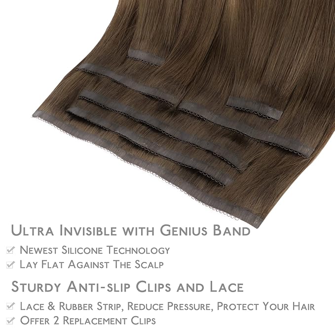 WENNALIFE Lace Seamless Clip in Hair Extensions Human Hair 7pcs Ultra Invisible 50% Thinner Seamless Clip Ins Balayage Chocolate Brown to Caramel Blonde Natural Remy Hair 16 inch