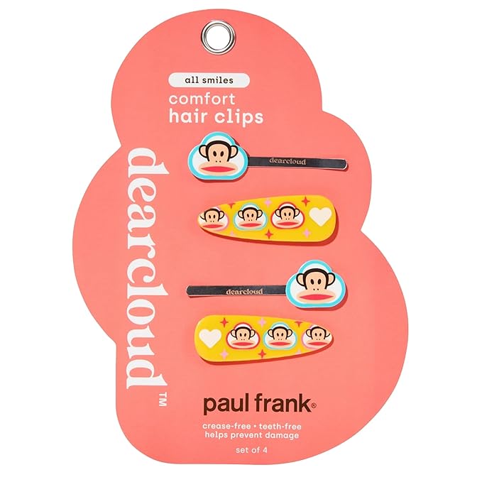 Paul Frank Crease-Free Hair Clips Set of 4 – No Crease Hair Clips for Women, Teeth-Free & Secure Hold for Styling (All Smiles)
